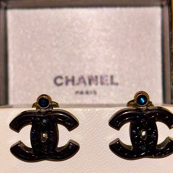 CHANEL Blue Crystal Logo Earrings - Authentic- with Box/Bag - Picture 5 of 13